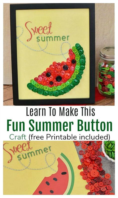 Easy Summer Button Craft - what a cute craft idea! Perfect for summer and easy for adults or kids to make. Free printable included DIY home decor, button crafts, adult crafts, kids crafts, summer crafts, summer decor #easycraft #buttoncraft #diyhomedecor #summercraft Kids Crafts Summer, Crafts Summer, Diy Summer Crafts, Arts And Crafts For Adults, Arts And Crafts For Teens, Button Craft, Cute Craft, Summer Craft, Diy Crafts For Adults