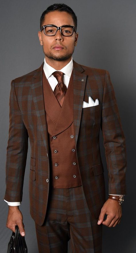 3 Piece Suit Men Classy, Modern Fit Suit, Dapper Suits, Men's Business Outfits, Double Breasted Vest, Dress Suits For Men, Copper Brown, Plaid Suit, Brown Suits