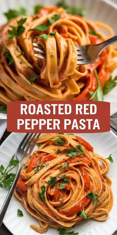 Easy Roasted Red Pepper Pasta – Whip up this easy roasted red pepper pasta in under 30 minutes! With a creamy, tangy sauce and perfectly cooked pasta, it’s an ideal weeknight dinner. Creamy Bell Pepper Sauce, Meals With Roasted Red Peppers, Roast Red Pepper Pasta, Roasted Peppers Pasta Sauce, Red Pepper Pasta Vegan, Healthy Red Pasta Recipes, Roasted Red Pepper Pasta With Chicken, Roasted Red Pepper Recipes Dinners, Roasted Red Bell Pepper Pasta