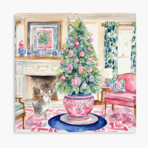 Get my art printed on awesome products. Support me at Redbubble #RBandME: https://www.redbubble.com/i/canvas-print/Kitten-and-a-Christmas-tree-watercolor-painting-by-SophieClimaArt/154799655.5Y5V7?asc=u Chinoiserie Christmas Decor, Chinoiserie Artwork, Preppy Chic Style, Christmas Tree Watercolor, Chinoiserie Interior, Chinoiserie Prints, Grandmillennial Style, Lilly Prints, Antique Paintings