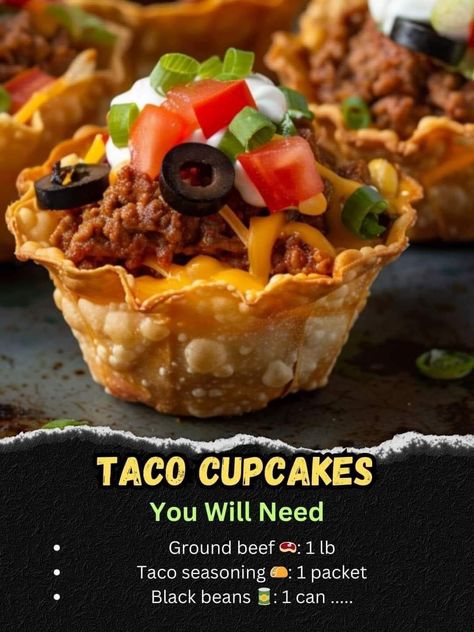 Crunchy Taco Cupcakes, Taco Cupcakes, Taco Cups, Tin Recipes, Taco Fillings, Crunchy Salad, Creative Cooking, Jamie Oliver Recipes, Appetizer Bites