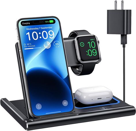 This 3-in-1 charging station is a versatile wireless charger for iPhones, Androids, AirPods, and Apple Watches. The station is portable and foldable, making it ideal for travel and offers adjustable charging angles. Equipped with 4 fast charging coils, it ensures stable charging in both horizontal and vertical positions. The station features a breathing light in the earphones area, indicating charging status and can be turned off when desired. Wireless Charger Iphone, Apple Watch Charging Stand, Wireless Charging Station, Computer Camera, Magnetic Charger, Charger For Iphone, Apple Devices, Charger Stand, Samsung Device