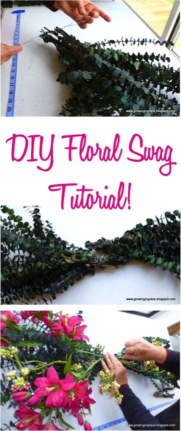 DIY Floral Swag Tutorial! {step by step instructions to make your own beautiful swags and flower arrangements!} | TheFrugalGirls.com How To Make A Floral Arch Swag, Diy Floral Swag For Arch How To, Diy Swag For Wedding Arch, How To Make Flower Arrangements For Arch, Diy Floral Arrangements Wedding Arch, Diy Arch Arrangement, Eucalyptus Swag Diy, Diy Arch Floral Arrangement, How To Make Arch Flower Arrangement