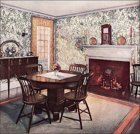 https://flic.kr/p/5Gr8QE | 1926 Traditional Dining Room | The Wallpaper Manufacturers Association managed to publish some consistently attractive advertisements during the 1920s. Most were suitable for Colonial Revival style home and featured toile patterns. 1920s Dining Room, Williamsburg Apartment, 1940s Decor, 1920s Furniture, 1920s Home Decor, 1920s Interior, 1920 Home, 1920s Home, 1920s Decor