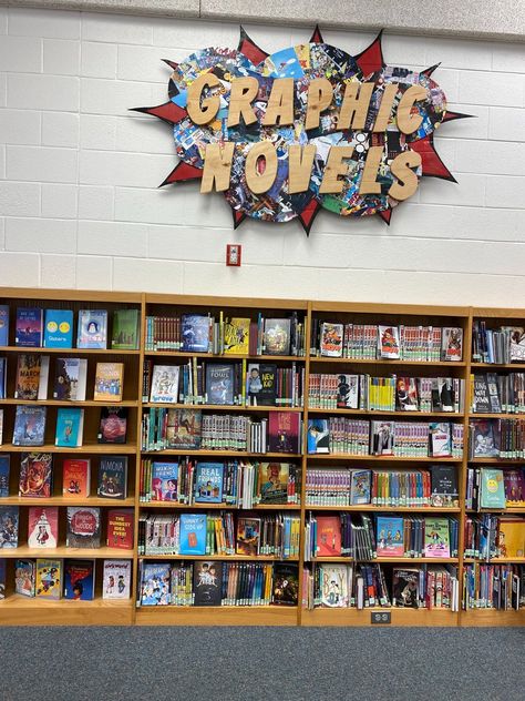 Elementary Media Center Design, Graphic Novel Library Display, Bookmobile Ideas, Graphic Novel Display, Dynamic Shelving, Middle School Library Displays, Middle School Library, Library Renovation, Bookstore Ideas