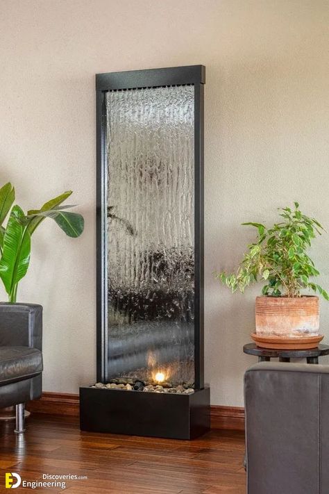 30 Creative Water Fountain Ideas for Your Home Check more at https://zugnews.com/30-creative-water-fountain-ideas-for-your-home/ Water Wall Indoor, Wall Water Fountain Indoor, Small Fountain Ideas Indoor, Home Water Fountain, Interior Water Feature, Room Fountain, Water Fountain Ideas, Indoor Waterfall Wall, Water Fountain Design