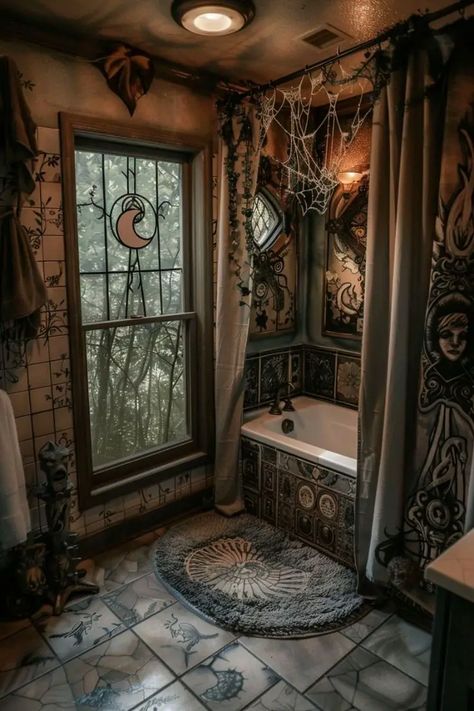 🌙 +20 Gothic Witchy Bathroom Ideas for a Dark, Elegant Look Witchy Cottagecore Bathroom, Witch Aesthetic Bathroom, Dark Mermaid Bathroom, Witchy Bathroom Ideas, Grunge Bathroom, Witchy Bathroom, Bg Reference, Bathroom Vibes, Pretty Buildings