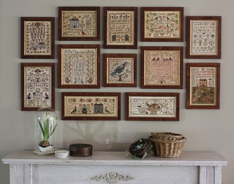 Cross Stitch Display, Cross Stitch Sampler Patterns, Blackbird Designs, Antique Samplers, Framed Pictures, Cross Stitch Love, Cross Stitch Finishing, Cross Stitch Samplers, Gallery Walls