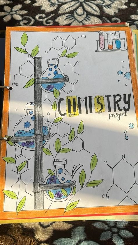 Project Cover Page Chemistry, Cover Page Of Chemistry Project, Chemistry Notes Front Page, Chemistry Journal Ideas, Chemistry Holiday Homework Cover Page, Cover Page For Project Chemistry, Chemistry Page Borders, Chemistry Aesthetic Project, School Book Covers Chemistry