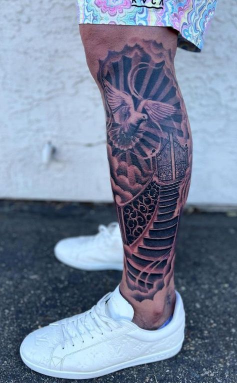 Men Leg Tattoo Ideas Sleeve, Cross Calf Tattoo Men, Calf Tattoo Men Ideas Design, Side Calf Tattoo Men, Christian Leg Tattoo Men, Calf Sleeve Tattoo Men, Leg Sleeve Tattoo Male, Calf Sleeve Tattoo, Calf Tattoo Men