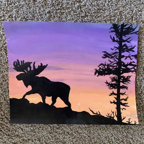 Moose Acrylic Painting Easy, Wildlife Painting, Moose Painting, Moose Silhouette, Abstract Tree Painting, Bear Paintings, Silhouette Painting, Simple Canvas Paintings, Easy Canvas Art