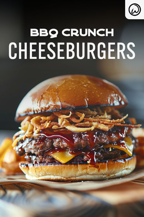 BBQ Crunch Cheeseburgers Cuban Frita Burger, Bbq Hamburger Recipe, Bbq Burgers Recipes, Bbq Burger Recipes, Bbq Hamburgers, Delicious Burger Recipes, Onion Burger, Cheeseburger Recipe, Tangy Bbq Sauce