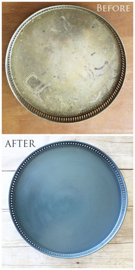 Painted  thrift store tray DIY. A look at the before and after using Modern Masters Metallic Paint. Trays are a great way to organize in your home decor. #DIY #thrifted #laurascraftylife Upcycling, Thrift Store Upcycle Repurposing, Thrift Store Upcycle, Thrift Store Diy, Thrift Store Shopping, Thrift Store Furniture, Diy Tray, Kitchen Walls, Painted Trays