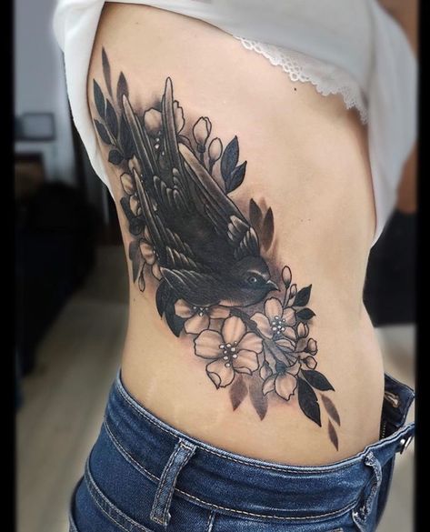 Cover up tattoo with Swallow, Flowers and Leaves Ribs Cover Up Tattoo, Girl Rib Tattoos, Rib Tattoos For Women, Up Tattoo, Sides For Ribs, Side Tattoos, Tattoo Cover-up, Cover Up Tattoo, Female Tattoo