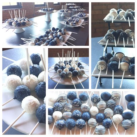 Blue Cake Pop Ideas, Royal Blue Cake Pops, Navy Cake Pops, Blue And White Cake Pops, Royal Blue Cake, Blue And White Cake, Elegant Cake Pops, Graduation Cake Pops, Navy Cakes