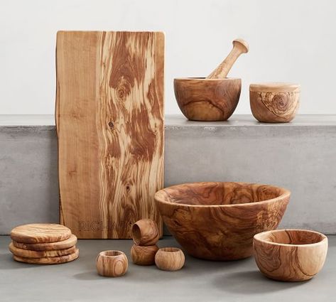 Olive Wood Serveware Collection | Pottery Barn Wood Serveware, Wood Salt Cellar, Olive Wood Cheese Board, Wooden Kitchen Set, Earthy Kitchen, Wood Pizza, Pantry Organizer, Serveware Set, Wooden Containers