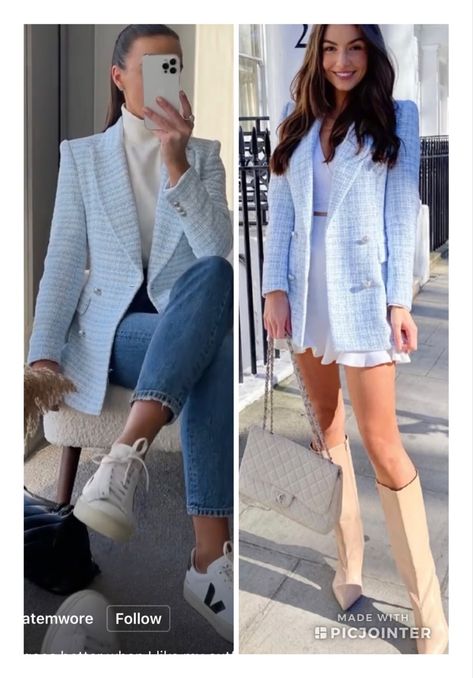 Light Blue Tweed Blazer Outfit, Zara Tweed Blazer Outfit, Blue Tweed Blazer Outfit, Blazer Celeste Outfits Mujer, Tweed Vest Outfit Women, Light Blue Blazer Outfits For Women, White Skirt Ideas, Light Blue Blazer Outfit, Blue Blazer Outfits For Women