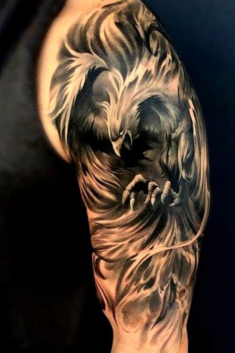 Phenix Tattoo Design Men, Phoenix Half Sleeve Tattoo Men, Phoenix Tattoo Ideas Men, Black Shoulder Tattoo Men, Tatoos Men Shoulder Ideas, Black Phoenix Tattoo For Men, Phoenix Shoulder Tattoo Men, Men’s Phoenix Tattoo, Mens Shoulder Tattoo Ideas Inspiration