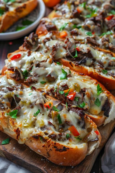 Philly Cheesesteak Cheesy Bread Philly Cheese Steak Seasoning, French Garlic Bread, Crispy Garlic Bread, Peppers Onions Mushrooms, Best Philly Cheesesteak, Cheesy Bread Recipe, Frozen Garlic Bread, Philly Cheese Steak Sandwich, Steak Sandwich Recipes