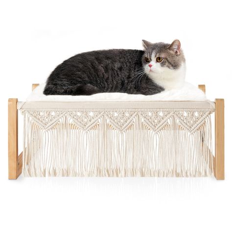 Boho Cat Bed with Blanket Wooden Cat Hammock Bed for Indoor, Macrame Elevated Pet Beds Breathable Cat Couch Furniture Pet Resting Hammock Cat Chair Gift for Cats and Small Dogs Cat Window Bed, Cat Window Hammock, Macrame Cat Hammock, Cat Couch, Cat Window Perch, Window Perch, Hammock Bed, Cat Window, Cat Hammock