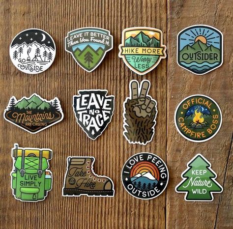 Hike Sticker Set Waterproof, UV Coated Decals for Water Bottles Made for the Hiker and Outdoor Adventures - Etsy Sticker #sticker Stickers #stickers freesticker #freesticker freestickers #freestickers free download sticker #freedownloadsticker 1.31 Sticker Inspiration, Art Merch, Outdoor Stickers, Badge Design, Laptop Decals, Visual Representation, Target Audience, Sticker Pack, Free Stickers