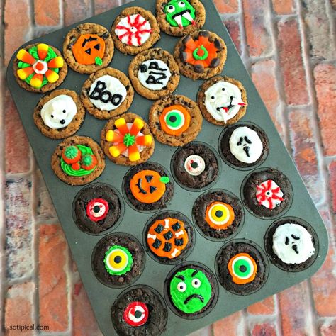 Halloween Cookie Cups - So TIPical Me Halloween Cookie Cups, Halloween Coffee Cup Cookies, Diy Pillsbury Halloween Cookies, Monster Oat Cookie Cups, Filled Cookie Cups, Cookie Monster Cheesecake Cups, Halloween Cookie Designs, Easy Halloween Cookies, Sugar Cookie Cups