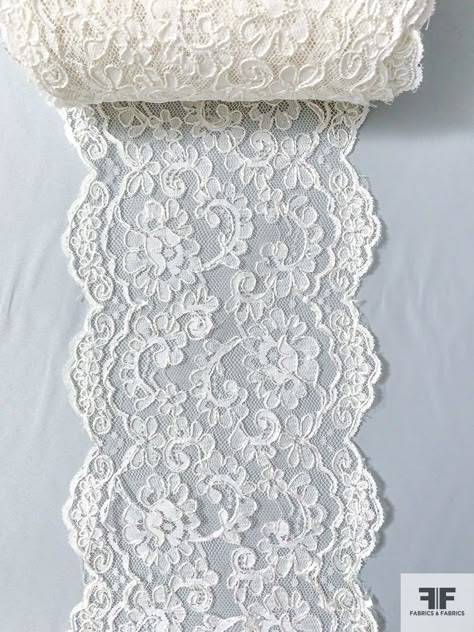 SKU: 12405 Content: Polyester Color: Off-White Width: 7 inches Lace Swatches Fabrics, White Fabric Aesthetic, Lace Material Fabrics, White Lace Aesthetic, Lace Reference, Different Types Of Lace, Aesthetic Sewing, Lace Aesthetic, School Collage