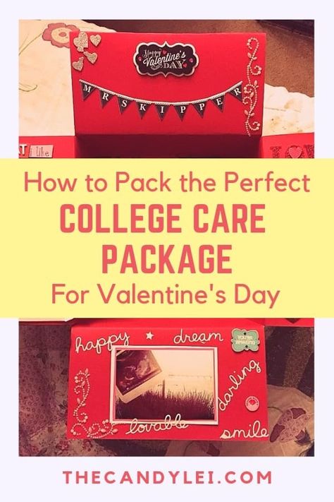 Valentines Day College Care Package, Valentine Student Gifts, College Gift Boxes, Gifts For College Boys, College Gift Baskets, Packages Ideas, College Daughter, Valentines Day Care Package, Valentine Gift For Daughter