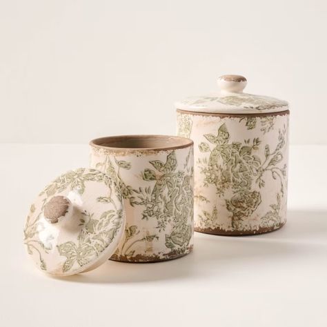 Green and White Distressed Canister - Magnolia Canisters For Kitchen Display, Kitchen Accessories Ideas Decor, Antique Kitchen Decor Ideas, Glass Canisters In Kitchen Display, Green Kitchen Decor Ideas, Sage Green Kitchen Canisters, Green Kitchen Canisters, Canisters For Kitchen, Distressed Vase