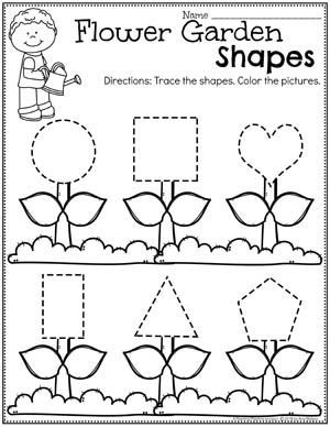 Spring Preschool Worksheets - Shapes Tracing #springworksheets #preschoolworksheets #planningplaytime #shapesworksheets Flower Garden Shapes, Spring For Preschool, Spring Preschool Theme, Garden Shapes, Spring Worksheets Preschool, Shape Worksheet, Shapes Tracing, Preschool Theme Activities, Spring Theme Preschool