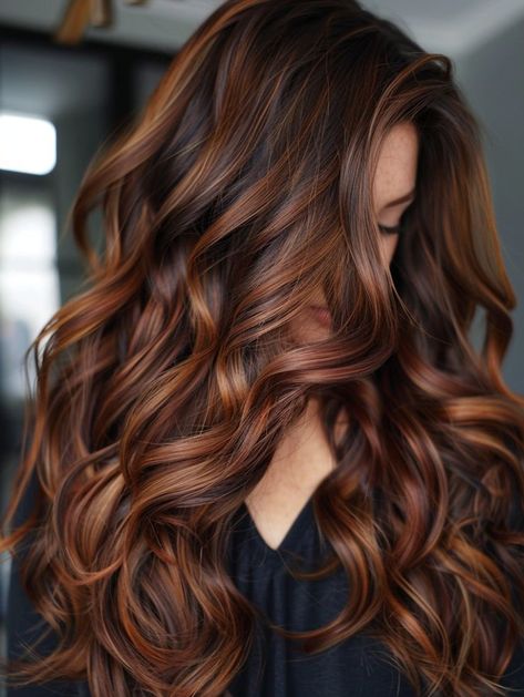 Auburn Balayage, Rambut Brunette, Fall Hair Color Trends, Caramel Blonde, Fall Hair Cuts, Fall Hair Color For Brunettes, Hair Color Auburn, Red Highlights, Long Hair Color