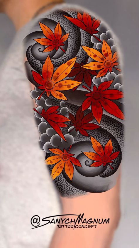 Momiji Tattoo Japanese, Japanese Leaf Tattoo, Japanese Leaves Tattoo, Japanese Maple Leaves Tattoo, Bun With Chopsticks, Japanese Maple Tattoo, Japanese Maple Leaf Tattoo, Maple Leaves Tattoo, Orientalism Art Tattoo