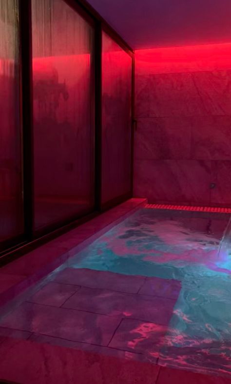 Red Pool, Red Swimming Pool, Whirlpool Aesthetic, Dark Swimming Pool Aesthetic, Pool Aesthetic Summer Night, Night Swimming Pool Aesthetic, Indoor Pool Aesthetic Night, Inside Pool, Pool At Night