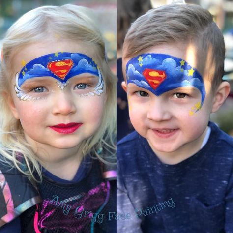 Amy Grigg Superman Super Hero Face Paint Easy, Superman Face Paint, Super Hero Face Paint, Supergirl Face Paint, Superman Face Painting, Face Paint Superhero, Face Painting Wonder Woman, Superman Girl, Girl Halloween Makeup