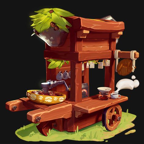 Ramen Cart, Shop Concept Art, Tiny Coffee Shop, Fantasy Shop, Props Concept, Props Art, Building Concept, Game Environment, Game Props