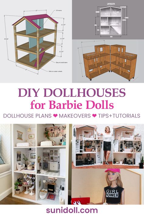 DIY dollhouses for Barbie dolls - dollhouse plans, makeovers, tip and tutorials Barbie Doll House Measurements, Barbie Beds Diy, Build A Barbie House, Build Your Own Dollhouse Easy Diy, How To Build A Barbie Doll House, Makeover Barbie House, Wooden Dollhouse Makeover Diy, Barbie Size Dollhouse, Diy Wooden Dollhouse Plans