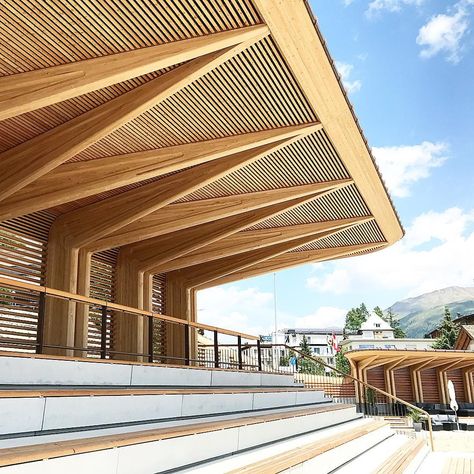 Wooden Pavilion Architecture, Glulam Roof, Wooden Roof Structure, Norman Foster Architecture, Wooden Pavilion, Pavilion Plans, Sport Center, Australia House, Wooden Facade