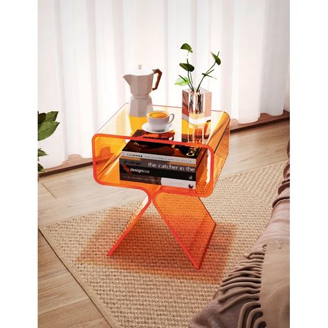 【Small size side table】 SMALL,TINY,SHORT, it is smaller than the traditional edge table you imagine. Please pay attention to the size before purchasing 17.7"L x 11.8"W x 15.35"H.
Applicable scene: bedside table, magazine table, coffee table, temporary table, etc. Potted plants, candles, photo frames, magazines and more look stylish and organized on this coffee table. Orange Side Table, Nightstand Orange, Orange Room Aesthetic, Funky Nightstand, Eclectic Studio Apartment, Cool Nightstands, Retro Nightstand, Acrylic Nightstand, Modern Side Table Design