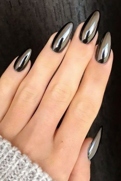 Black Chrome Nails, Solid Color Nails, Chrome Nails Designs, Stiletto Nail Art, Silver Nail, Gray Nails, Super Nails, Black Nail Designs, Her Nails