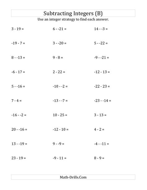 The Subtracting Integers from (-25) to (+25) (No Parentheses) (B) math worksheet from the Integers Worksheet page at Math-Drills.com. Adding Integers Worksheet, Subtracting Integers Worksheet, Multiplying Integers, Negative Numbers Worksheet, Multiplying And Dividing Integers, 7th Grade Math Worksheets, Math Fractions Worksheets, Adding Integers, Math Integers