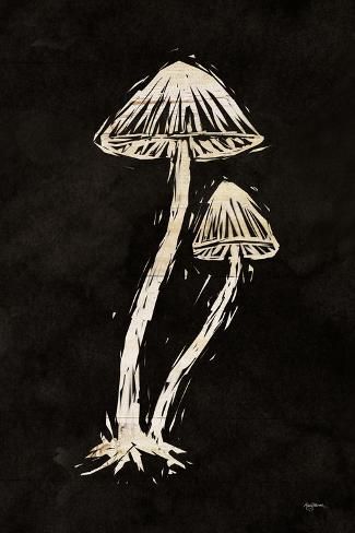 size: 18x12in Art Print: Mystical Halloween Mushrooms II by Mary Urban : Grunge Wall Decor Prints, Weird Nature Art, Two Tone Art, Things To Make To Put On Your Wall, Paintings On Black Background, Grunge Poster Prints, Silhouette Art Nature, Mushroom Linocut, Black And White Wall Collage