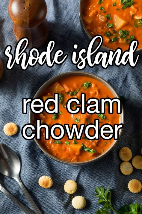 Rhode Island Red Clam Chowder - Rhode Island clam chowder doesn't contain the chunky tomatoes like Manhattan style typically does. Some versions are a clear broth, but we like this style made with a smooth tomato base. | CDKitchen.com Keto Manhattan Clam Chowder, Red Chowder Recipe, Red Seafood Chowder, Clear Broth Clam Chowder Recipe, Red Clam Chowder Manhattan, Red Clam Chowder Recipe, Red Lobster Clam Chowder Recipe, Rhode Island Clam Chowder Recipe, Manhatten Clam Chowder