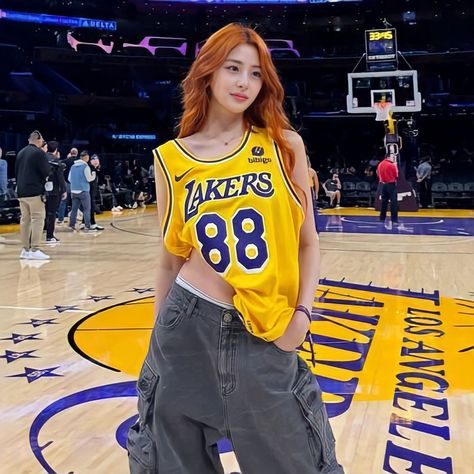 Basketball Jersey Outfit, Yunjin Kim, Lakers Jersey, Basketball Clothes, Jersey Outfit, Dessin Adorable, Dinner Outfits, Orange Hair, Celebrity Outfits