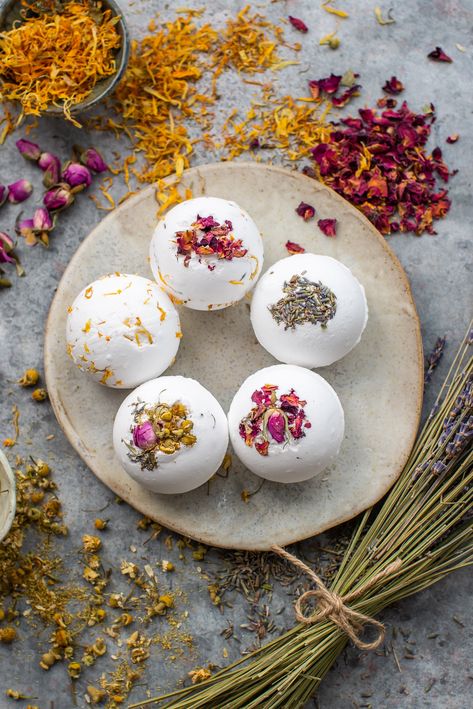 Bathbombs Ideas, Bathbombs Packaging Design, Bath Bomb Photography, Floral Bath Soak, Marjoram Essential Oil, Bath Bomb, Natural Bath Bomb, Lush Bathbomb Aesthetic, Botanical Bath