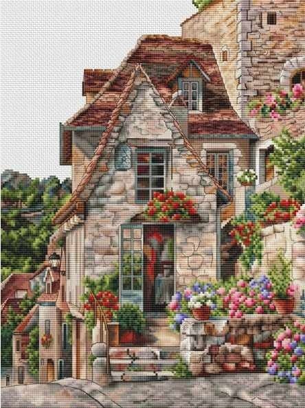 Hoop Cross Stitch, House Courtyard, Cross Stitch Gallery, Village Landscape, Hut House, Cross Embroidery, Flower Cottage, Cross Stitch House, Cross Stitch Landscape