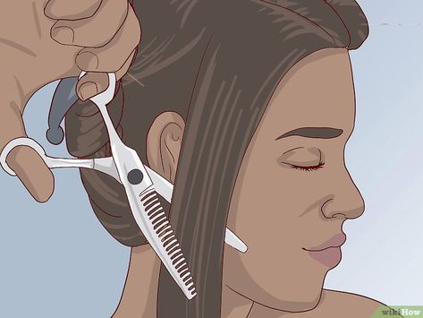 How to Use Hair Thinning Shears (with Pictures) - wikiHow Hair Thinning Techniques For Thick Hair, Thinning Thick Hair Haircuts, How To Use Thinning Scissors On Hair, Using Thinning Shears At Home, Thinning Shears Before And After, Thinning Shears How To How To Use, How To Use Thinning Shears Thick Hair, How To Texturize Your Own Hair, How To Use Thinning Shears