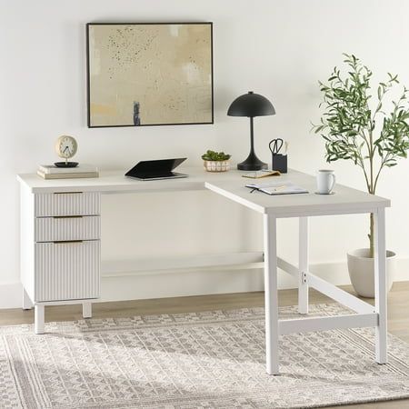 This L-shape computer desk will add a contemporary feel to your room. L-shape can be well adapted to the corner environment to save enough space. This office desk offers a spacious, L-shaped work area that provides you and your kids with all the room you need for items like your laptop, stacks of folders, notepads, and of course your hot cup of coffee. The Desk creates an efficient workspace environment. It has a MDF wood tabletop. It offers a spacious space meeting your work needs while you foc L Shape Desk Ikea, L Shaped White Desk, Office With White Desk, L Shaped Desk Ikea, L Shaped Desk Setup, Craft Desk Ideas, Cute Work Desk, Small Office Desk Ideas, Ikea L Shaped Desk