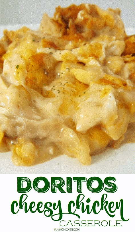 Doritos Cheesy Chicken Casserole - THE BEST Mexican casserole EVER! Chicken, sour cream cream of mushroom, cream of chicken, salsa, corn, cheese and Doritos! Everyone goes nuts over this casserole. Only takes a minute to assemble and it is ready to eat in 20 minutes. SO quick and easy. Great for a crowd - even picky eaters love this! Best Mexican Casserole, Chicken Cheese Casserole, Chicken Sour Cream, Cheesy Chicken Casserole, Chicken Salsa, Dorito Chicken, Corn Cheese, Mexican Casserole, Cream Of Mushroom