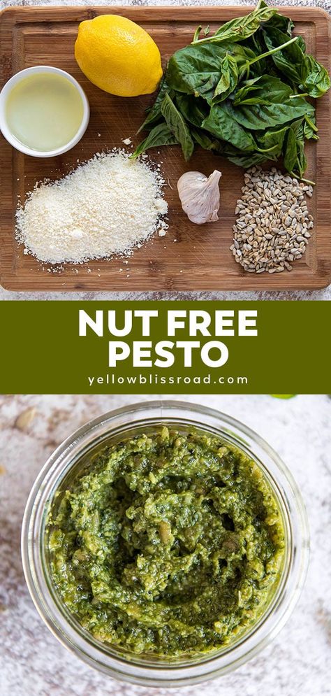 Vegan Nut Free Pesto, But Free Pesto, Dairy Free Nut Free Pesto, Nut Free Pesto Recipe, Oil Free Pesto, Pine Nut Pesto, Chicken Pesto Pasta Salad, Vegan Pesto Recipe, Nut Free Pesto