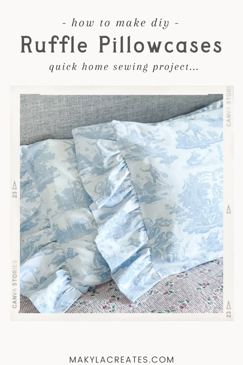 Make these diy fabric pillowcases with ruffles for your bed! Ruffled Pillow Cases, Pillow Case Sewing Pattern, Ruffle Pillow Case Pattern, Ruffled Pillow Cases Diy, How To Make A Pillow Case, Sewing Pillow Covers, Pillow Sewing Patterns, Sewing Pillowcases, Diy Pillow Case